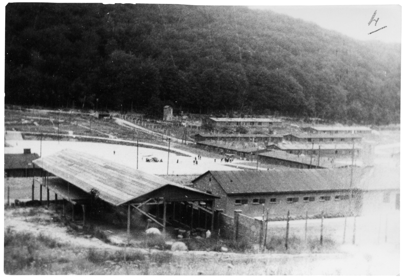 Blick auf den ehemaligen Appellplatz, den Lagereingang und den Lagerzaun. Dahinter die Gebäude des SS-Bereichs, Sommer 1946. Foto: Franz Becker