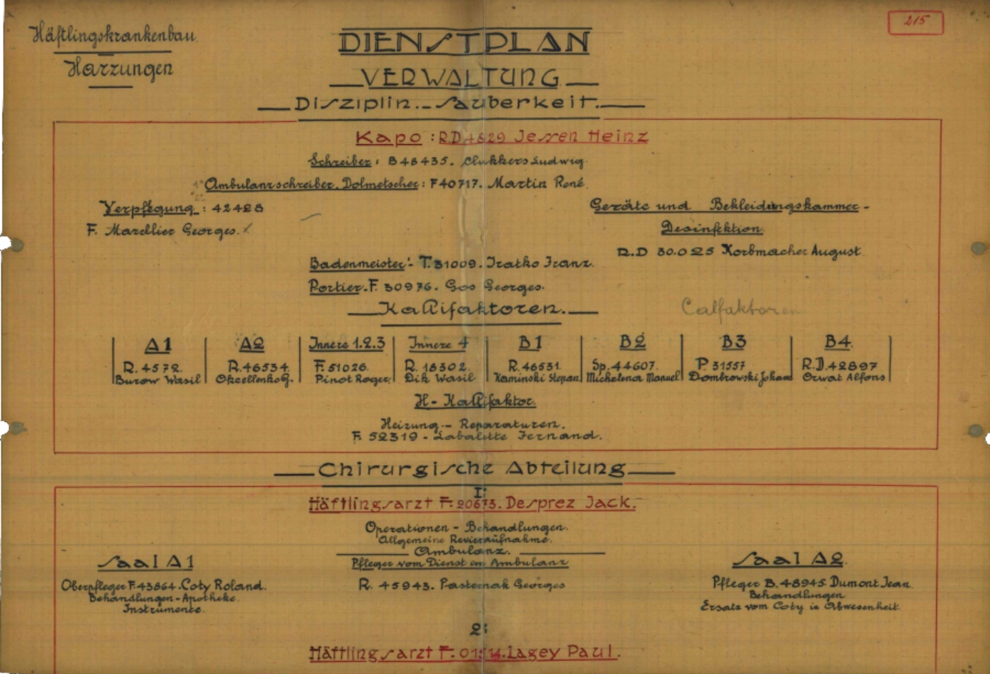 Vom Lagerarzt Dr. Reiher aufgestellter Dienstplan des Häftlingskrankenbaus im Außenlager Harzungen (Seite 1), 7. Oktober 1944. Die Krankenstation war wie im Hauptlager Buchenwald in verschiedene Abteilungen unterteilt, denen Häftlingsärzte und -pfleger zugeteilt wurden. Der Dienstplan macht den Eindruck einer professionell organisierten Krankenversorgung. Über die wahren Verhältnisse vor Ort sagt er jedoch nichts aus.