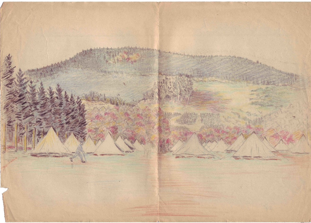 Das Zeltlager Holzen. Zeichnung von Camille Delétang, Herbst 1944.