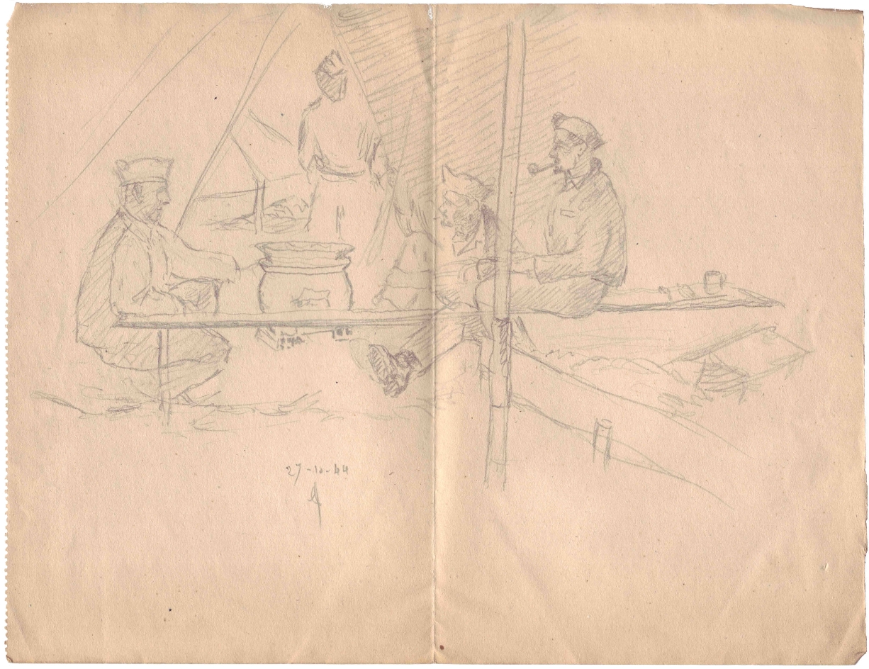 Häftlinge im Zeltlager Holzen. Zeichnung von Camille Delétang, 27. Oktober 1944.