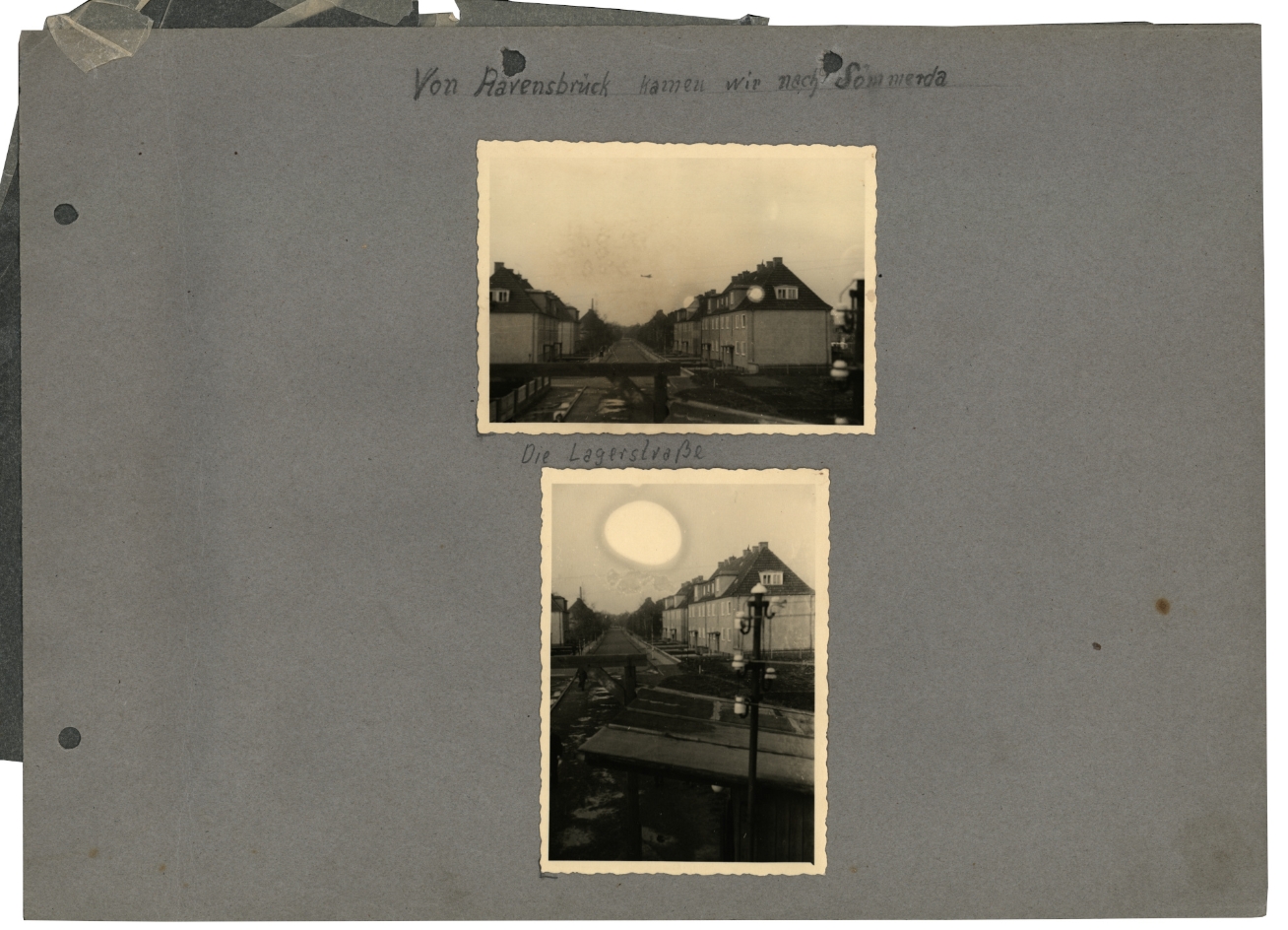 „Von Ravensbrück kamen wir nach Sömmerda“. Seite aus dem Fotoalbum von Gertrud Liebetrau, 1944. Zu sehen sind die Straße zum Lager, Teile der Baracken sowie die benachbarten Wohnhäuser.