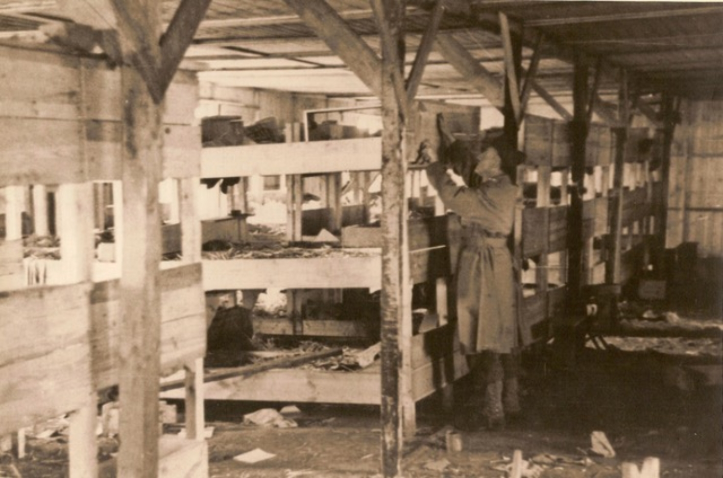 Blick in eine der Unterkunftsbaracken nach der Räumung des Lagers, 12. April 1945