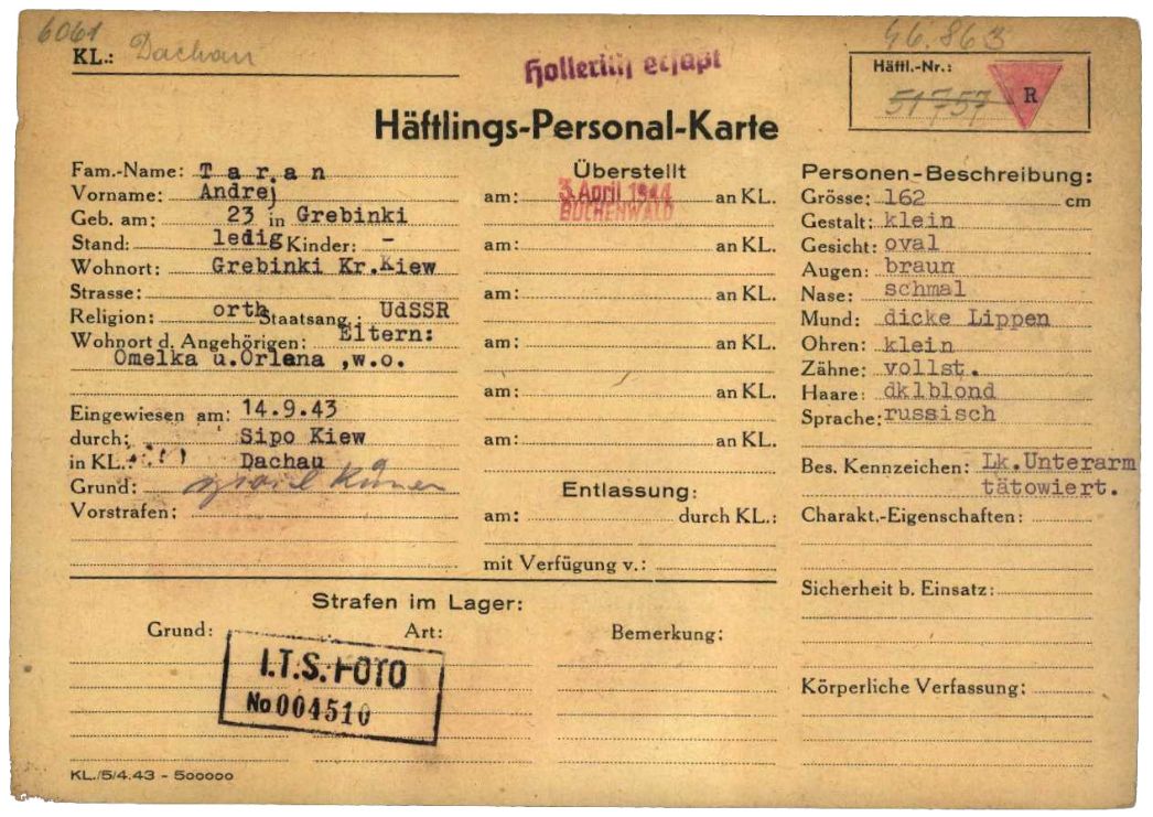 Häftlingspersonalkarte des KZ Dachau für Andrej Taran aus dem ukrainischen Hrebinky bei Kiew, 1943. 