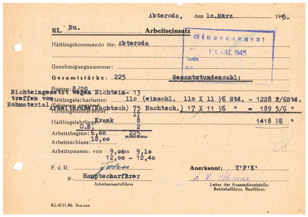 Arbeitseinsatzmeldung des Männeraußenlagers Abteroda vom 10. März 1945