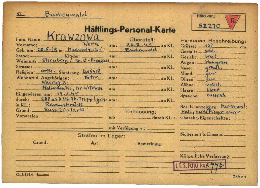 Häftlingspersonalkarte des KZ Buchenwald für Wera Krawzowa aus der Sowjetunion, 1945.