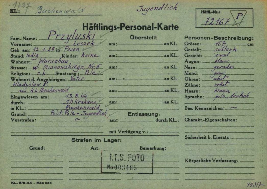 Häftlingspersonalkarte von Leszek Przyłuski aus Warschau, 1944.