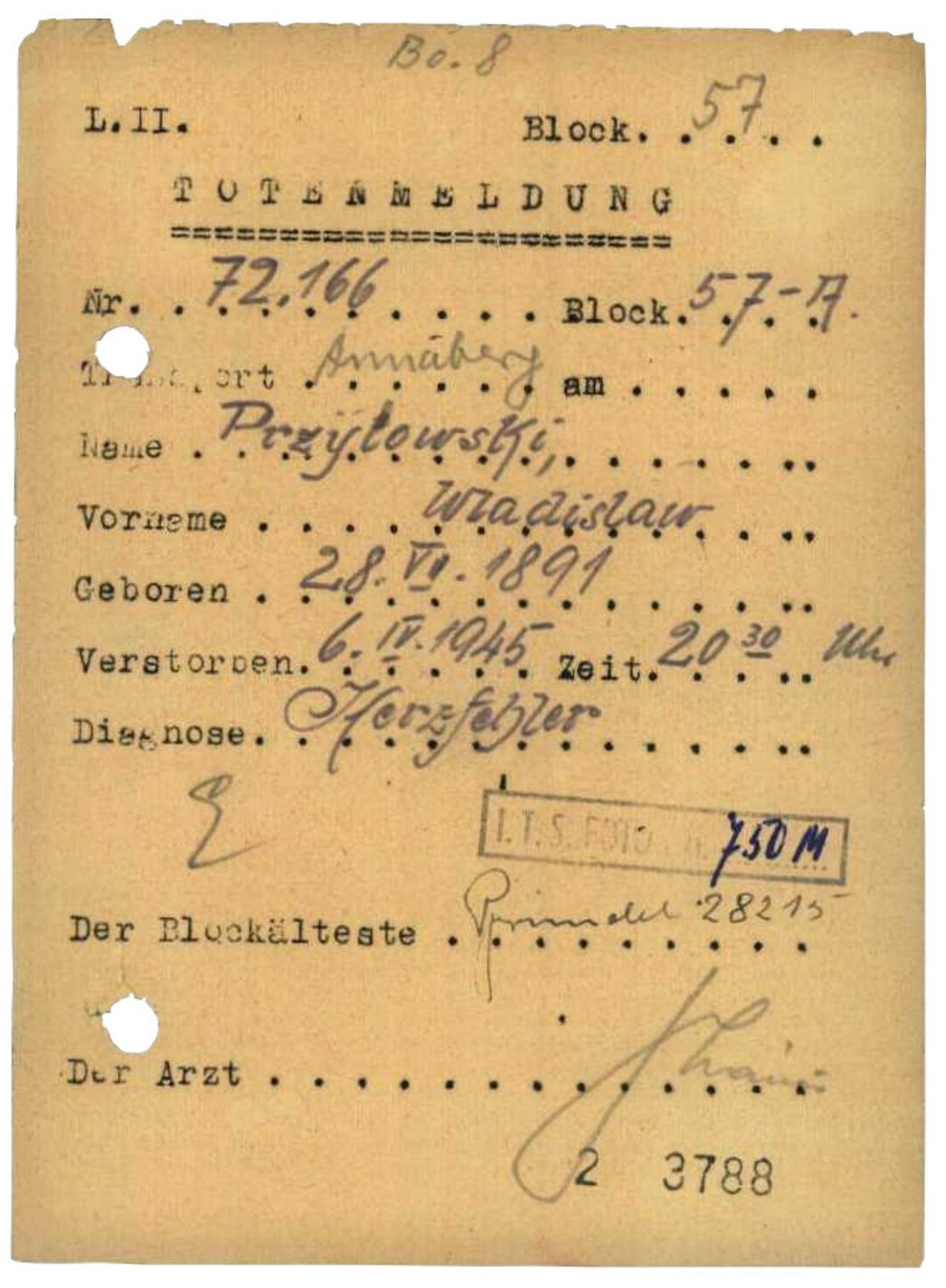 Totenmeldung für Władysław Przyłuski (hier fälschlich Przylowski) aus Warschau, 6. April 1945.