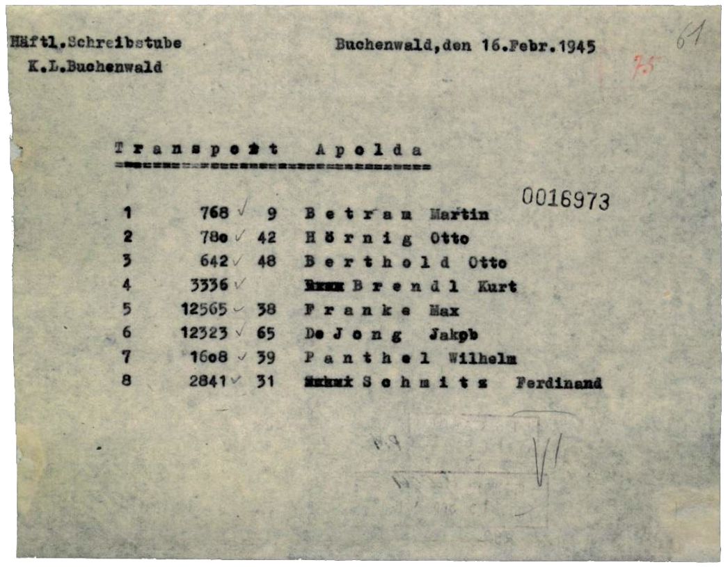 Transportliste mit den Namen der nach Apolda überstellten Häftlinge, 16. Februar 1945