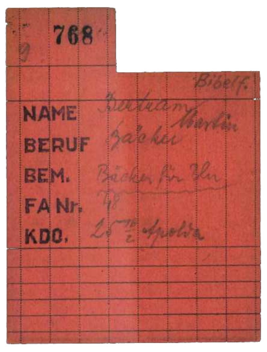 Arbeitseinsatzkarte des KZ Buchenwald für Martin Bertram, 1944/45. Vermerkt ist seine Überstellung nach Apolda. Zuvor hatte er in der Häftlingsküche in Buchenwald gearbeitet.