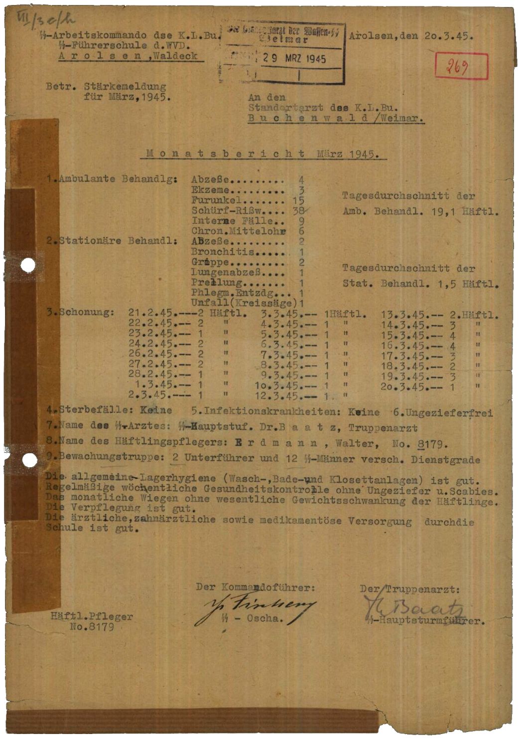 Monatsbericht über die medizinische Versorgung im Außenlager in Arolsen für die Zeit zwischen dem 20. Februar und dem 20. März 1945 erstellt von dem SS-Truppenarzt Dr. Baatz, 20. März 1945.