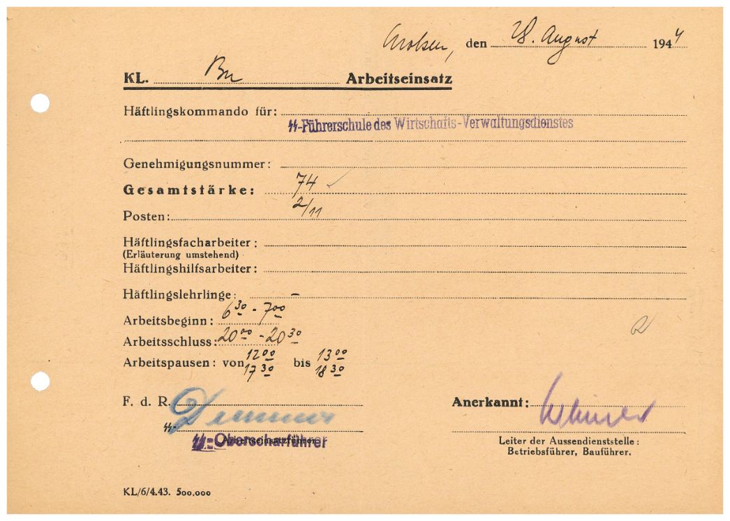 Erste Arbeitseinsatzsatzmeldung des Außenlagers Arolsen, 28. August 1944. 74 Häftlinge arbeiteten an diesem Montag in der SS-Führerschule.