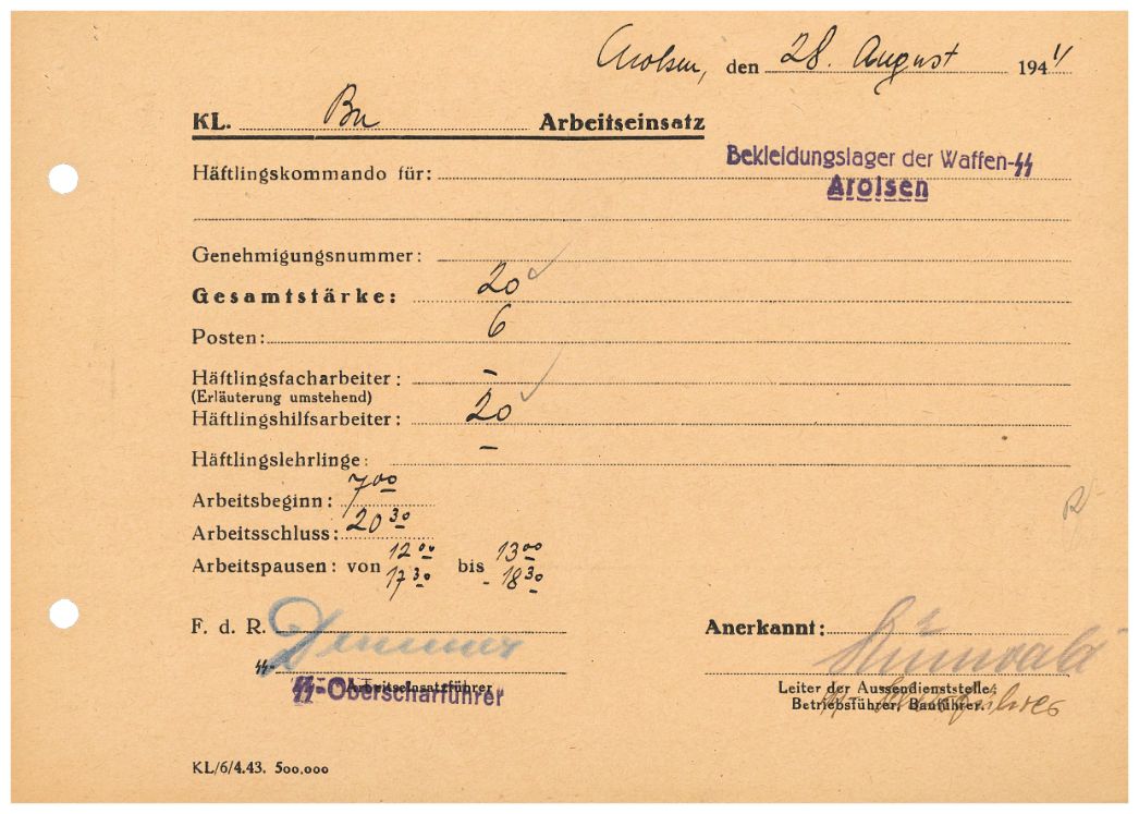 Zweite Arbeitseinsatzsatzmeldung des Außenlagers Arolsen, 28. August 1944. 20 Häftlinge arbeiteten an diesem Montag im SS-Bekleidungslager.
