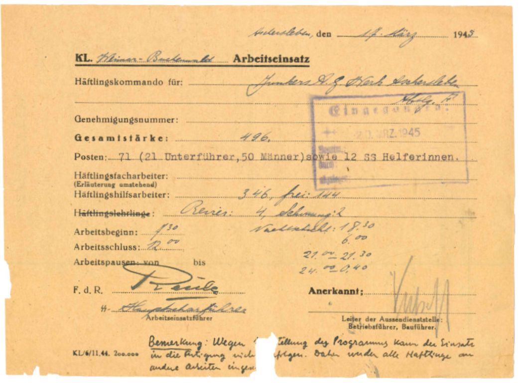 Arbeitseinsatzmeldung des Frauenaußenlagers Aschersleben vom 17. März 1945. An diesem Tag arbeiteten 346 Frauen in der Tag- und Nachtschicht. Vermutlich aufgrund der Umstellung eines Teils der Produktion mussten 144 Frauen nicht zur Arbeit in die Fabrik. Sechs Gefangene waren wegen Krankheit von der Arbeit freigestellt.