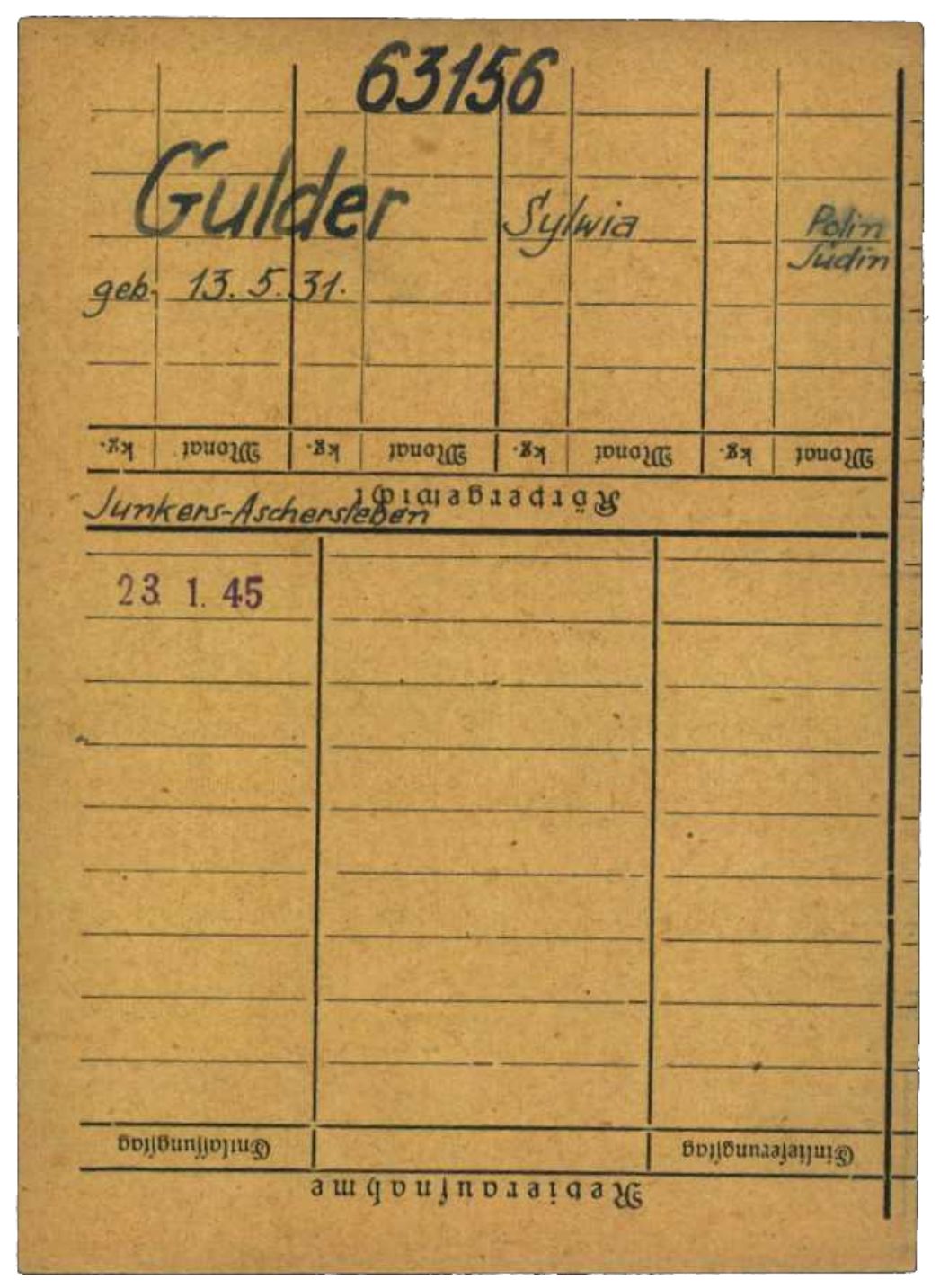 Häftlingsnummernkarte des KZ Buchenwald für Sylwia Gulder aus Łódź in Polen, 1945. Mit 13 Jahren brachte die SS die Schülerin gemeinsam mit ihrer Mutter und ihrer 16-jährigen Schwester Irona im Januar 1945 zur Zwangsarbeit nach Aschersleben. Das angegebene Datum (23.1.1945) kennzeichnet lediglich die verwaltungsmäßige Aufnahme der Daten und nicht die Überstellung nach Aschersleben, die bereits am 2. Januar 1945 erfolgt war.