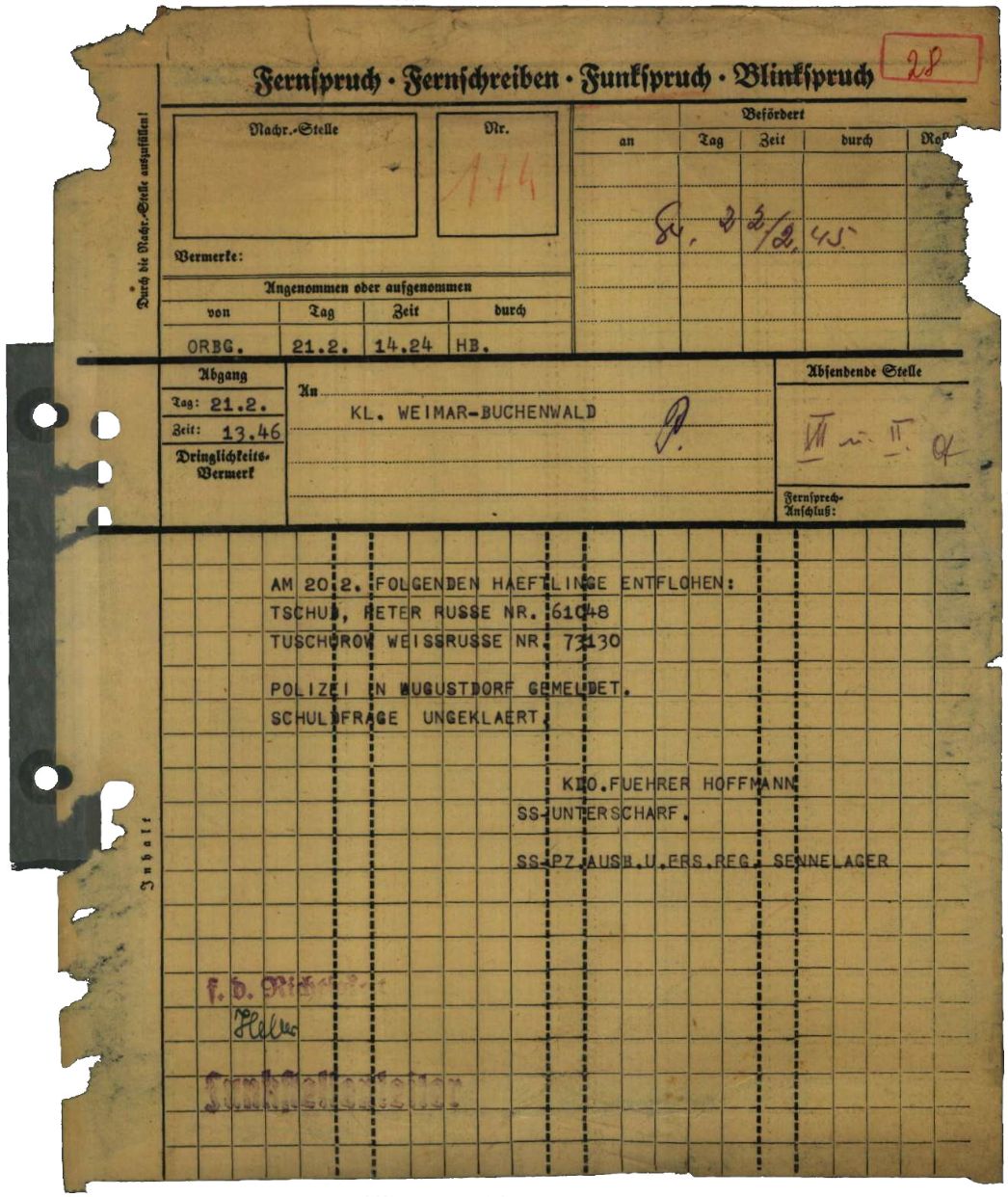 Telegramm des Kommandoführers Hofmann (hier fälschlich Hoffmann) an das Hauptlager Buchenwald, 21. Februar 1945. Er meldete die Flucht des 20-jährigen Peter Tschub aus der Region Kiew und des 22-jährigen Wasilij Tischurow aus Mahiljou, 21. Februar 1945. Über ihren Verbleib ist nichts bekannt.