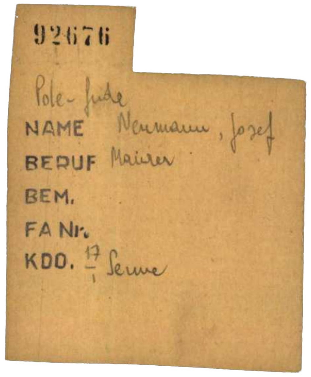 Arbeitseinsatzkarte des KZ Buchenwald für Josef Neumann, 1945.