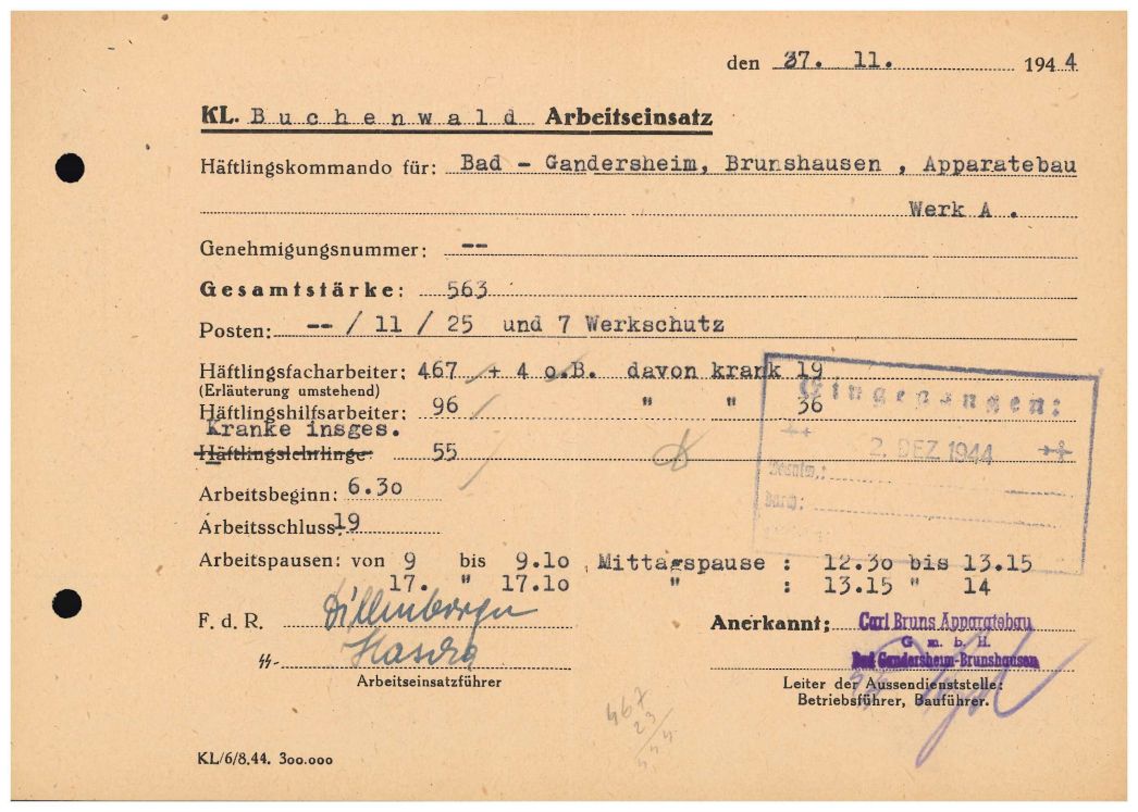 Arbeitseinsatzmeldung des Außenlagers in Bad Gandersheim vom 27. November 1944. An diesem Tag arbeiteten 504 Häftlinge von 6.30 bis 19 Uhr. 55 Häftlinge waren krank und deshalb nicht arbeitsfähig.