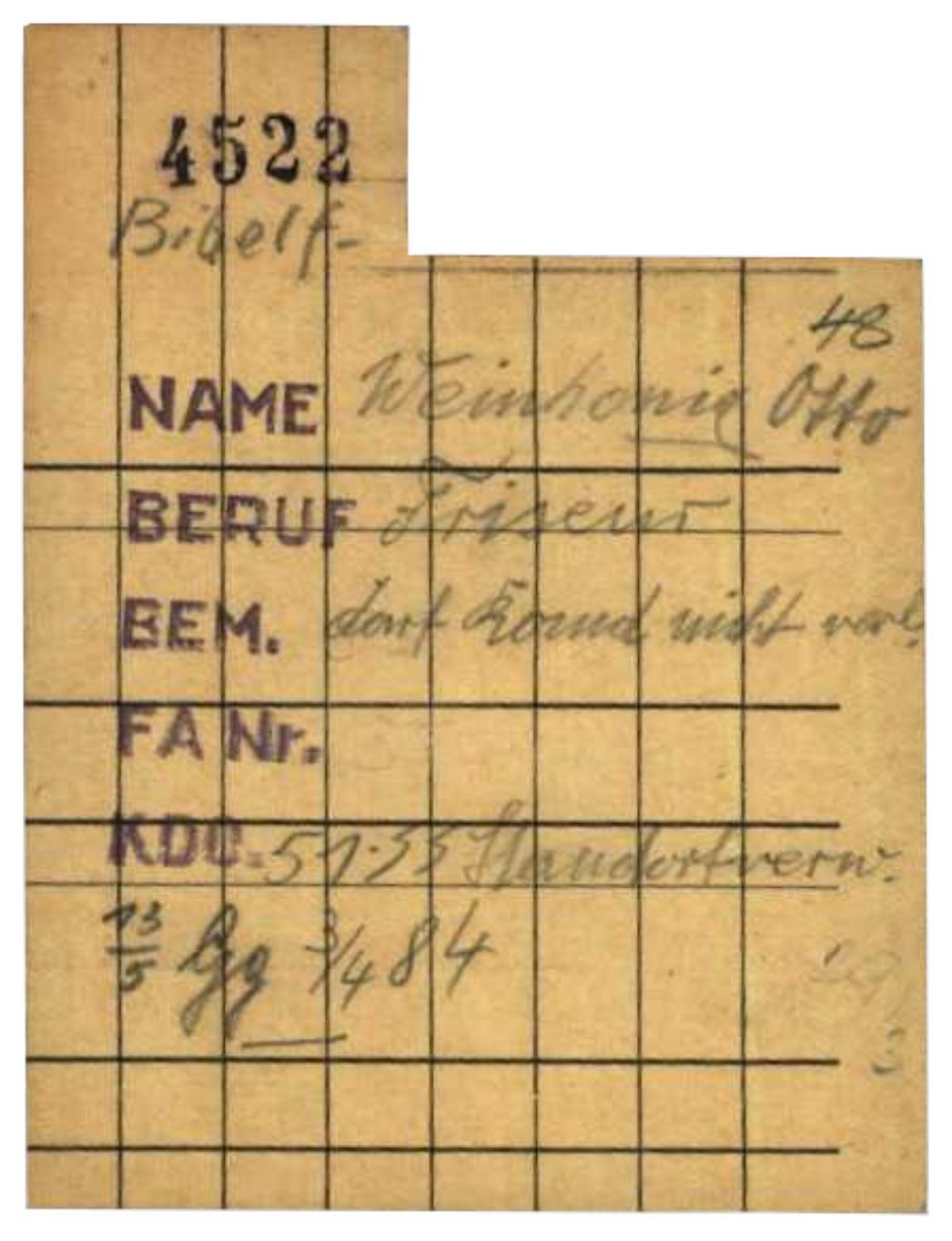 Arbeitskarte von Otto Weinhonig aus dem KZ Buchenwald, 1944/45.