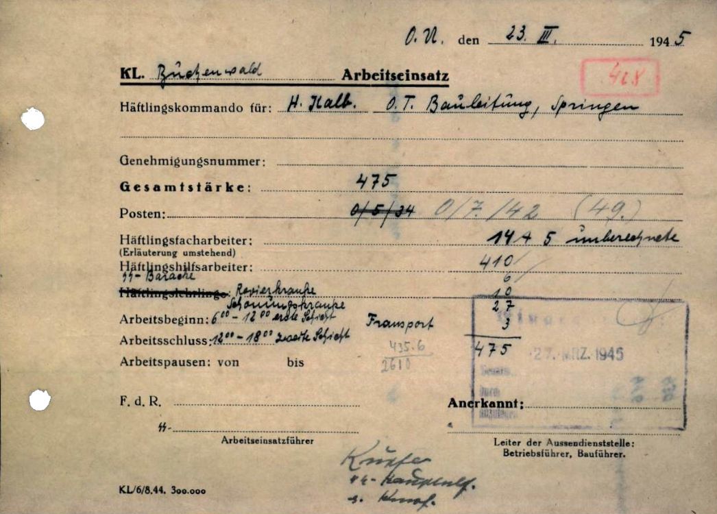 Arbeitseinsatzmeldung des Außenlagers „Heinrich Kalb“, 23. März 1945. An diesem Tag arbeiteten 435 Männer. 37 Häftlinge waren wegen Krankheit nicht arbeitsfähig.