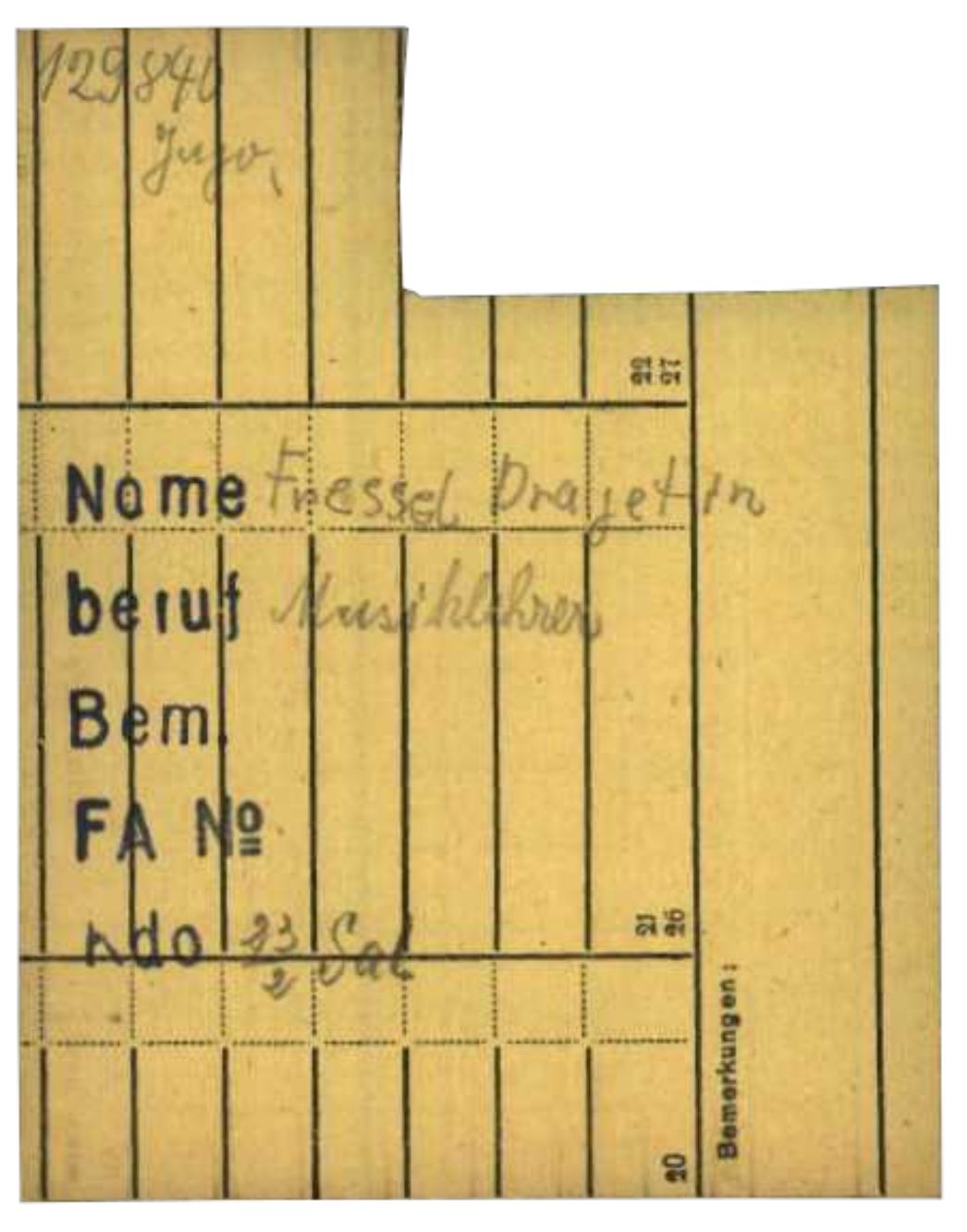 Arbeitseinsatzkarte des KZ Buchenwald für Dragutin Fressel, 1945. Der 25-Jährige aus Križevci in Kroatien war ab dem 23. Februar 1945 im Außenlager Bad Salzungen („Ludwig Renntier“). Auf der Karte wurde das Lager mit dem Kürzel „Sal“ vermerkt.