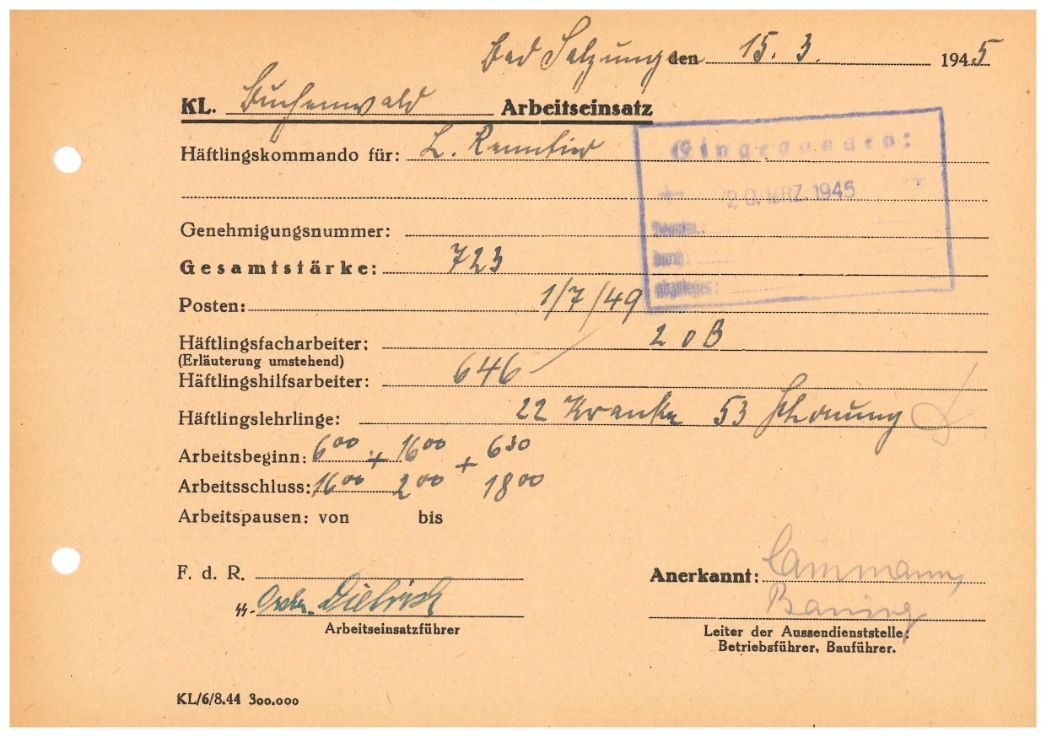 Arbeitseinsatzmeldung des Außenlagers „Ludwig Renntier“, 15. März 1945. Arbeiten mussten die Häftlinge an diesem Tag in einer Tagschicht über Tage sowie in einer Tag- und Nachtschicht unter Tage. 75 Häftlinge waren wegen Krankheit nicht eingesetzt.
