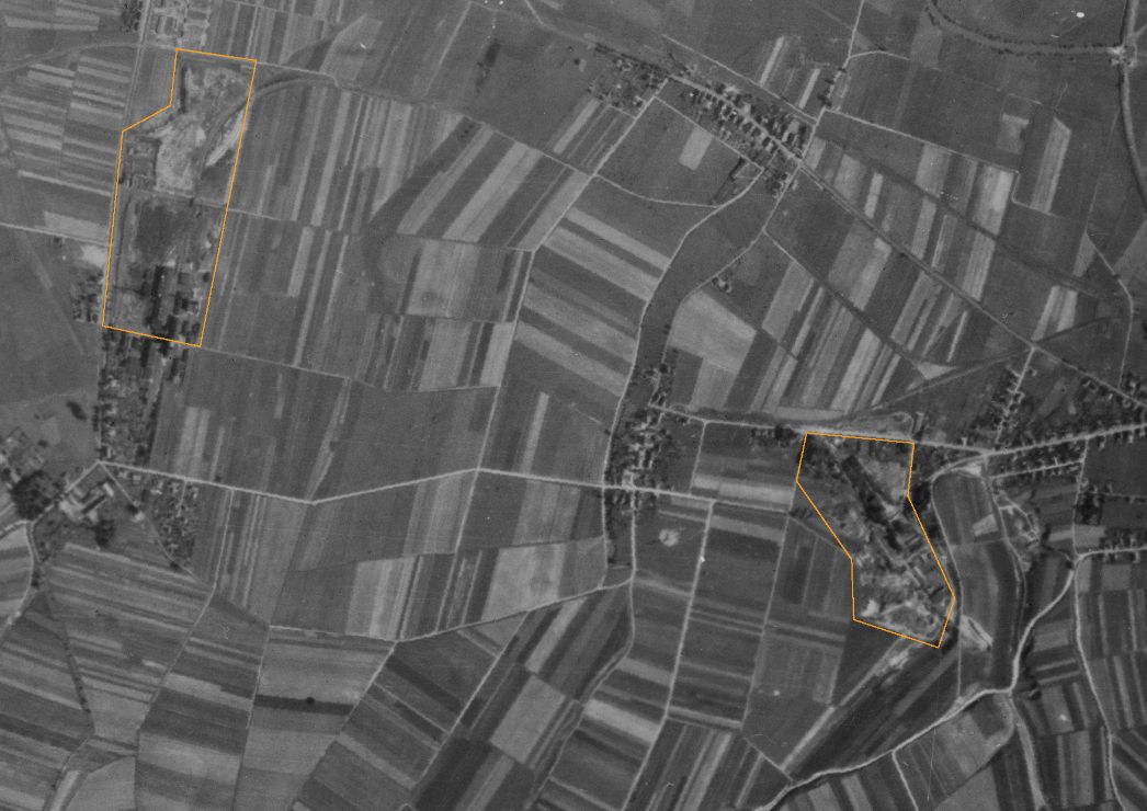 Die beiden Standorte des Außenlagers „Ludwig Renntier“. Aufnahme der alliierten Luftaufklärung, 19. Juli 1945 (Ausschnitt). Markiert sind: links die Schachtanlage des Kaliwerks Kaiseroda I bei Hämbach. Dort befand sich der Förderturm, mit dem die Häftlinge in den Schacht in das Lager unter Tage gebracht wurden. Rechts das Gelände des ehemaligen Kaliwerks bei Leimbach, wo ein Teil der Häftlinge oberirdisch untergebracht war. Die genaue Lage der dortigen Unterkünfte ist nicht bekannt.