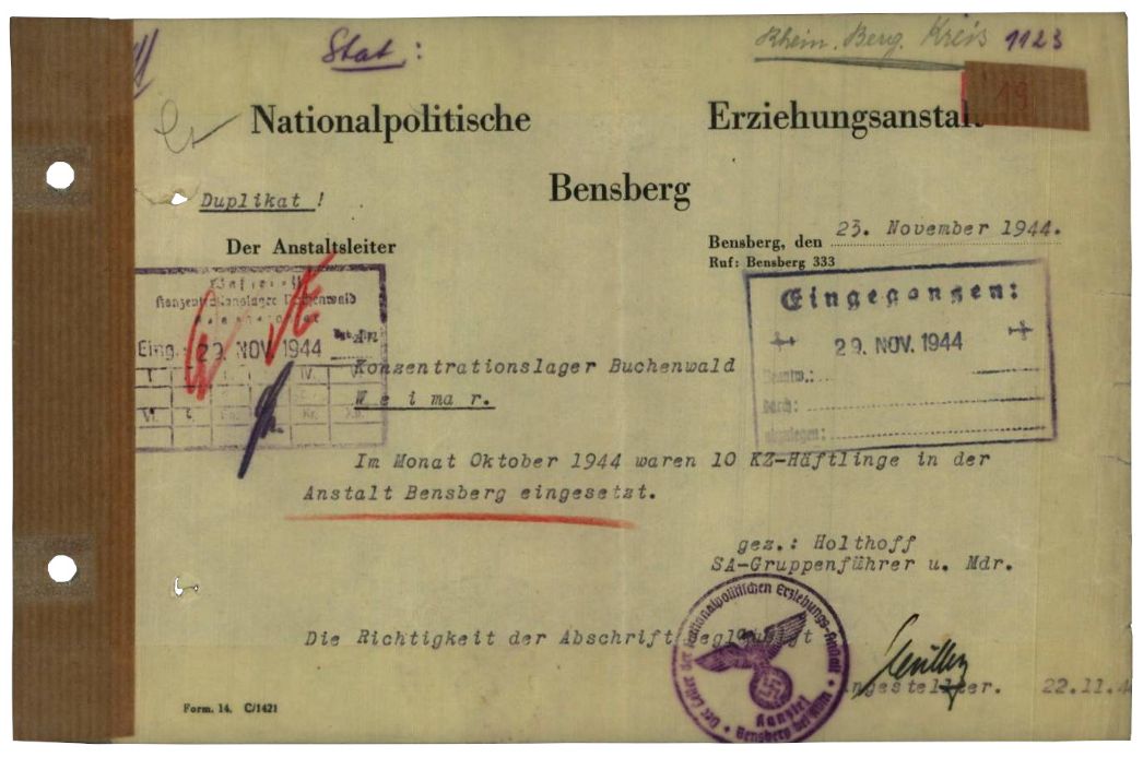 Meldung des Schulleiters der NAPOLA, SS-Gruppenführer Holthoff, an das KZ Buchenwald über den Einsatz der Häftlinge im Oktober 1944.