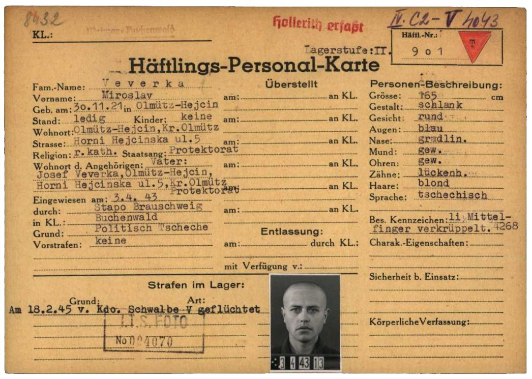 Häftlingspersonalkarte des KZ Buchenwald für den politischen Häftling Miroslav Veverka aus dem tschechoslowakischen Olomouc, 1943.