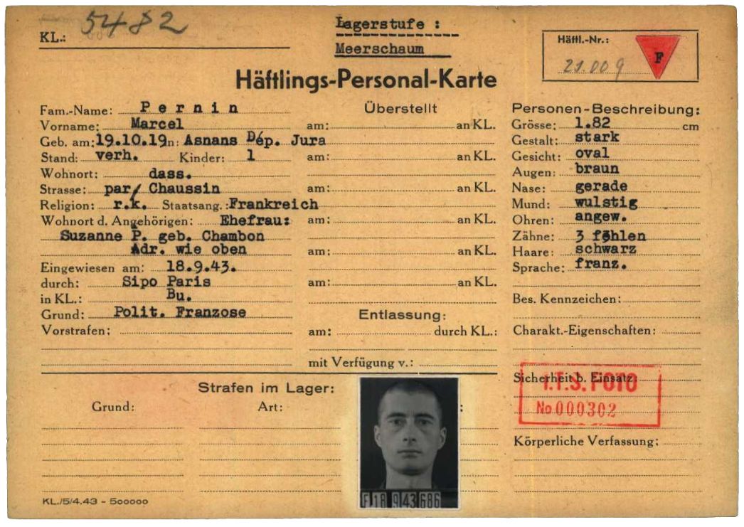 Häftlingspersonalkarte des KZ Buchenwald für Marcel Pernin, 1944. Der 25-jährige Franzose wurde wegen seiner Zugehörigkeit zur Widerstandsgruppe „Buckmaster César“ im September 1943 nach Buchenwald deportiert und kurz darauf zur Zwangsarbeit nach Berlstedt gebracht. Er überlebte.