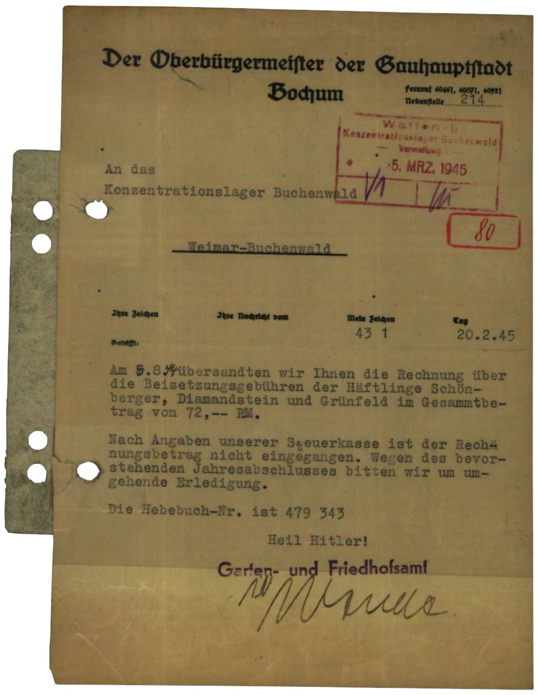 Rechnung der Stadt Bochum an das KZ Buchenwald über die Beisetzungskosten für drei verstorbene Häftlinge des Lagers beim Bochumer Verein, 20. Februar 1945