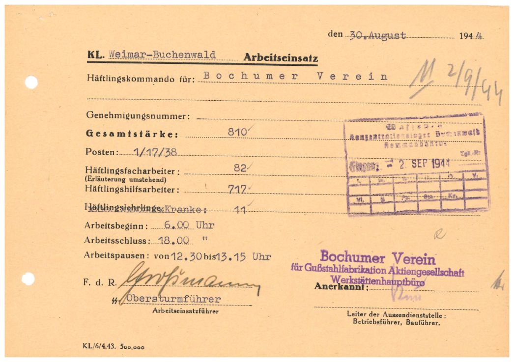 Arbeitseinsatzmeldung aus dem Außenlager beim Bochumer Verein, 30. August 1944