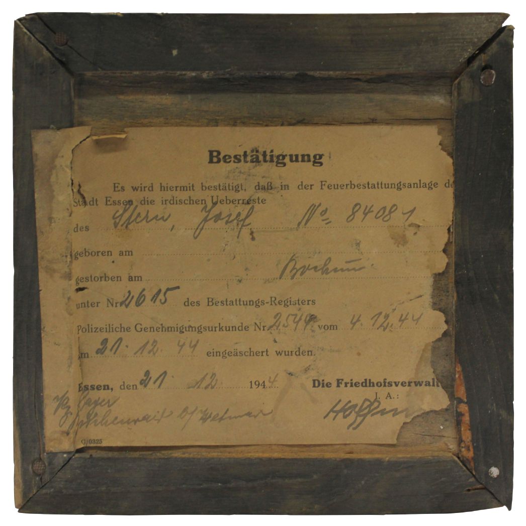 Bestätigung der Friedhofsverwaltung in Essen über die Einäscherung des Leichnams des 47-jährigen Jozsef Stern aus Györ in Ungarn