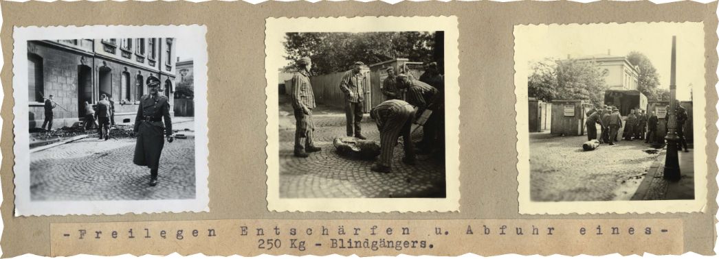 Häftlinge des „Sprengkommandos Bochum“ bei der Bergung und Entschärfung einer Bombe, Juni 1943.