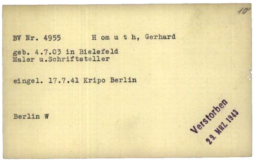 Vorderseite der Schreibstubenkarte des KZ Buchenwald zu Gerhard Homuth