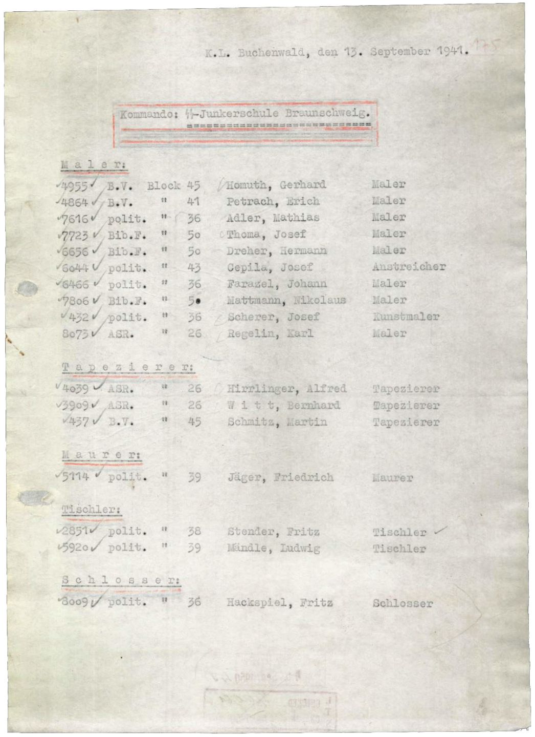 Liste über die ersten im Hauptlager Buchenwald für den Einsatz in Braunschweig ausgesuchten Häftlinge, 13. September 1941