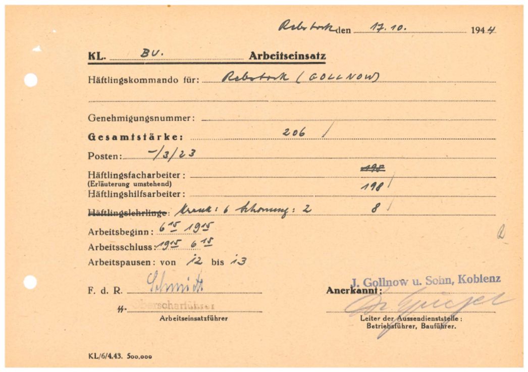Arbeitseinsatzmeldung des Außenlagers „Rebstock“, 17. Oktober 1944