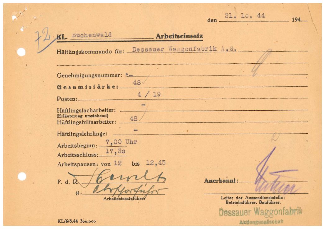 Arbeitseinsatzmeldung des Außenlagers Dessau, 31. Oktober 1944