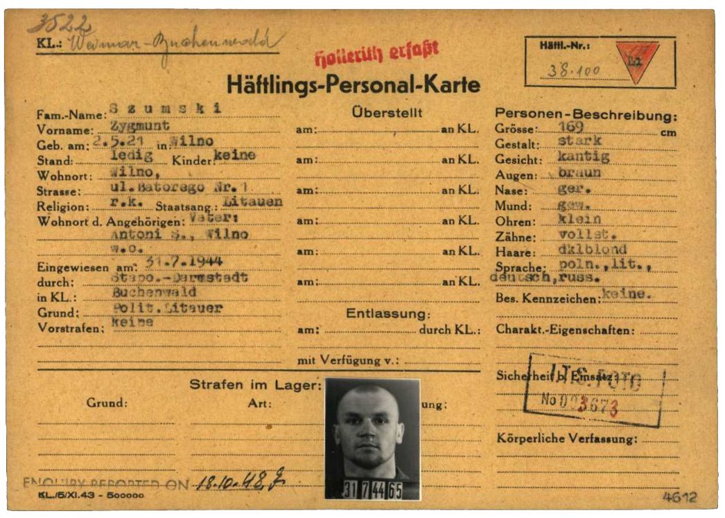 Häftlingspersonalkarte des KZ Buchenwald für den politischen Häftling Zygmunt Szumski aus Litauen