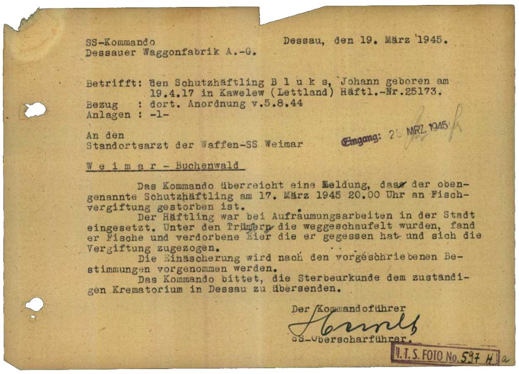 Fernschreiben des Kommandoführers des Außenlagers Dessau an den Lagerarzt in Buchenwald, 19. März 1945