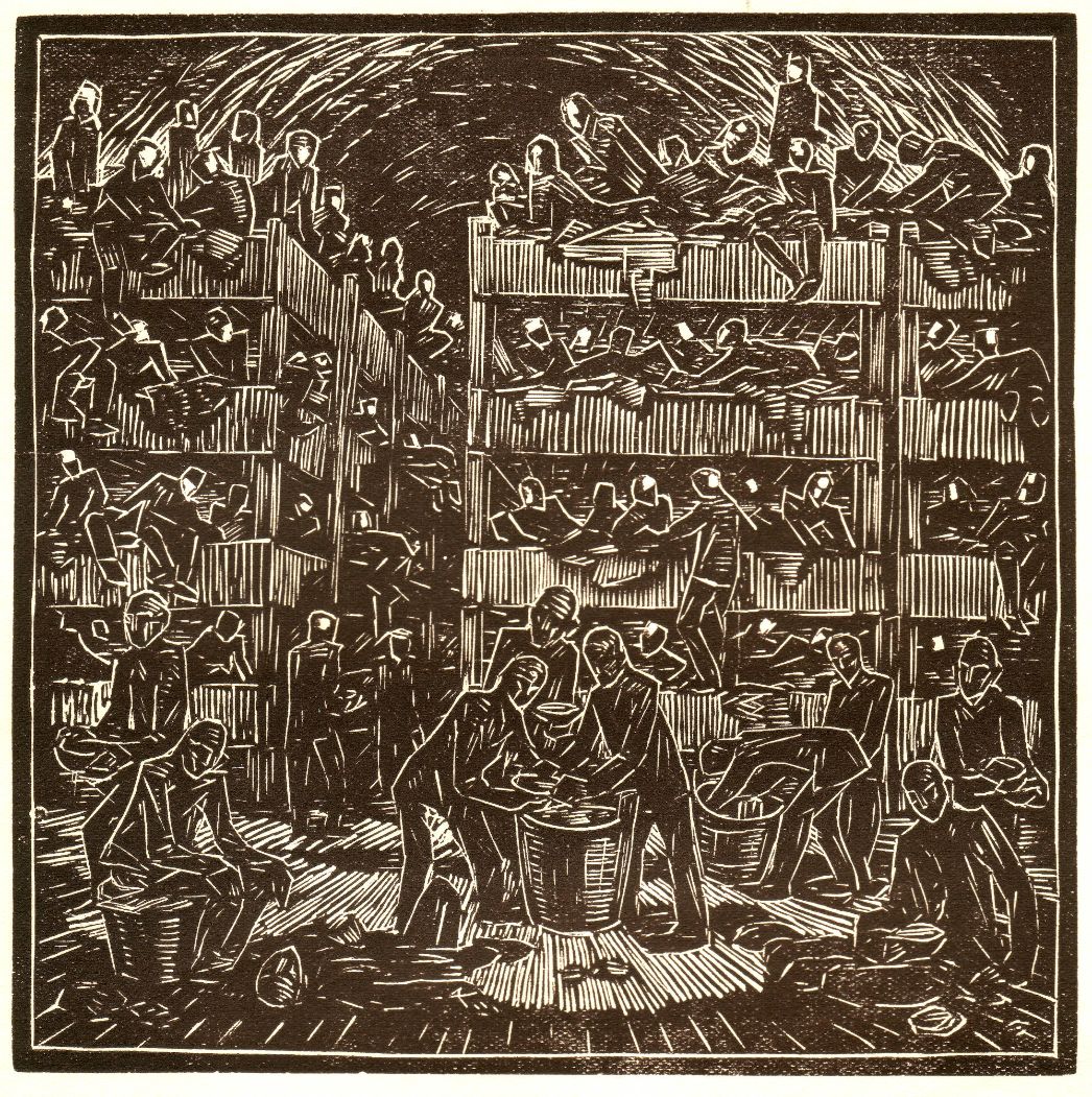 Dominik Černý, K. L. Dora: Bydlení ve štole (Konzentrationslager Dora: Leben im Stollen), 1953. Holzschnitt