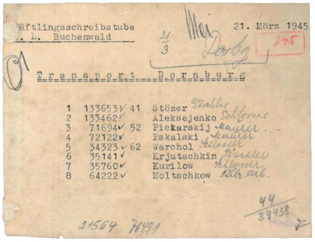 Transportliste der Häftlingsschreibstube des KZ Buchenwald, 21. März 1945.