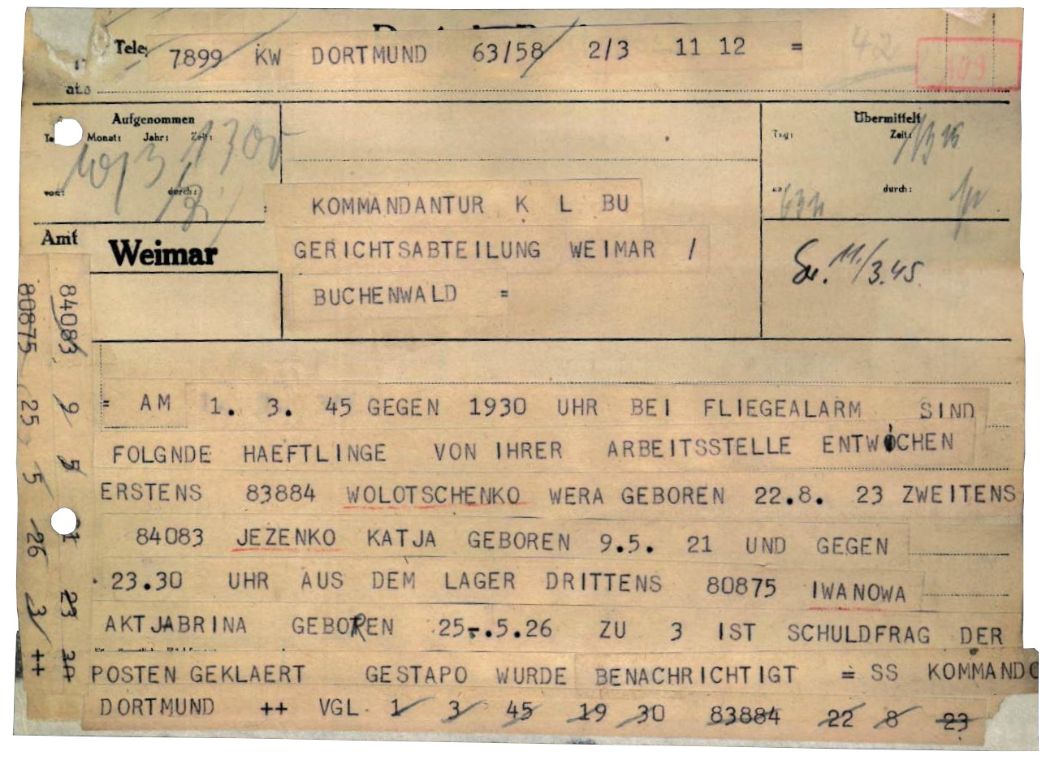 Fluchtmeldung aus dem Außenlager Dortmund, 1. März 1945