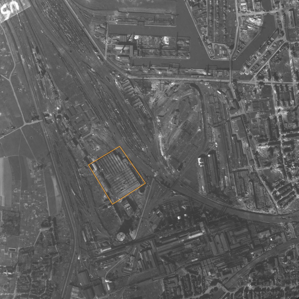 Gelände der Geschossfabrik der Hüttenverein AG. Aufnahme der allliierten Luftaufklärung (Ausschnitt), 25. März 1945