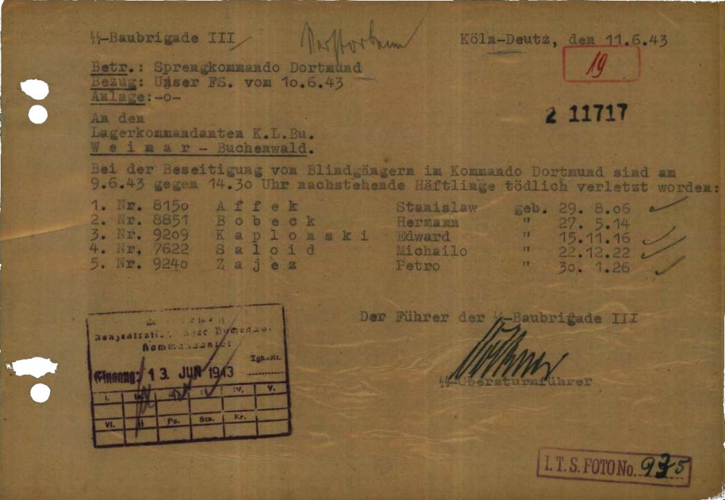 Meldung des Führers der SS-Baubrigade III über den Tod der fünf Häftlinge, 11. Juni 1943