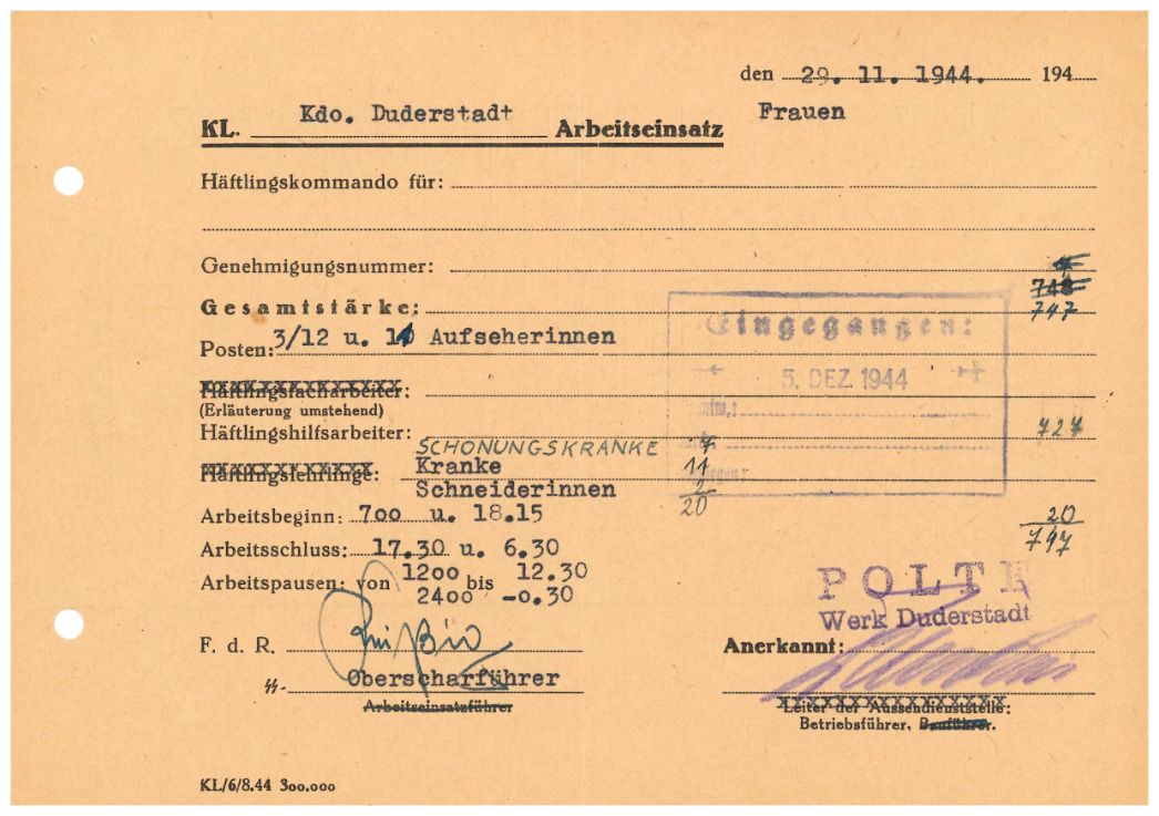Arbeitseinsatzmeldung des Außenlagers Duderstadt, 29. November 1944. An diesem Tag arbeiteten 727 Frauen in der Fabrik in Tag- und Nachtschichten mit einer halbstündigen Pause. 18 von ihnen waren krank, zwei als Schneiderinnen im Lager tätig und nicht in der Fabrik.