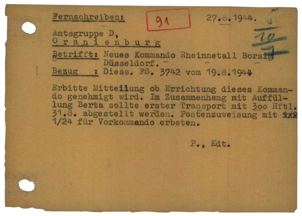 Fernschreiben des Buchenwalder Lagerkommandanten Pister an die SS-Zentrale in Oranienburg, 27. August 1944. Er bat um die endgültige Genehmigung zur Einrichtung des Außenlagers in Düsseldorf-Derendorf. Wenige Tage später wurden die erwähnten 300 Häftlinge aus Buchenwald überstellt.