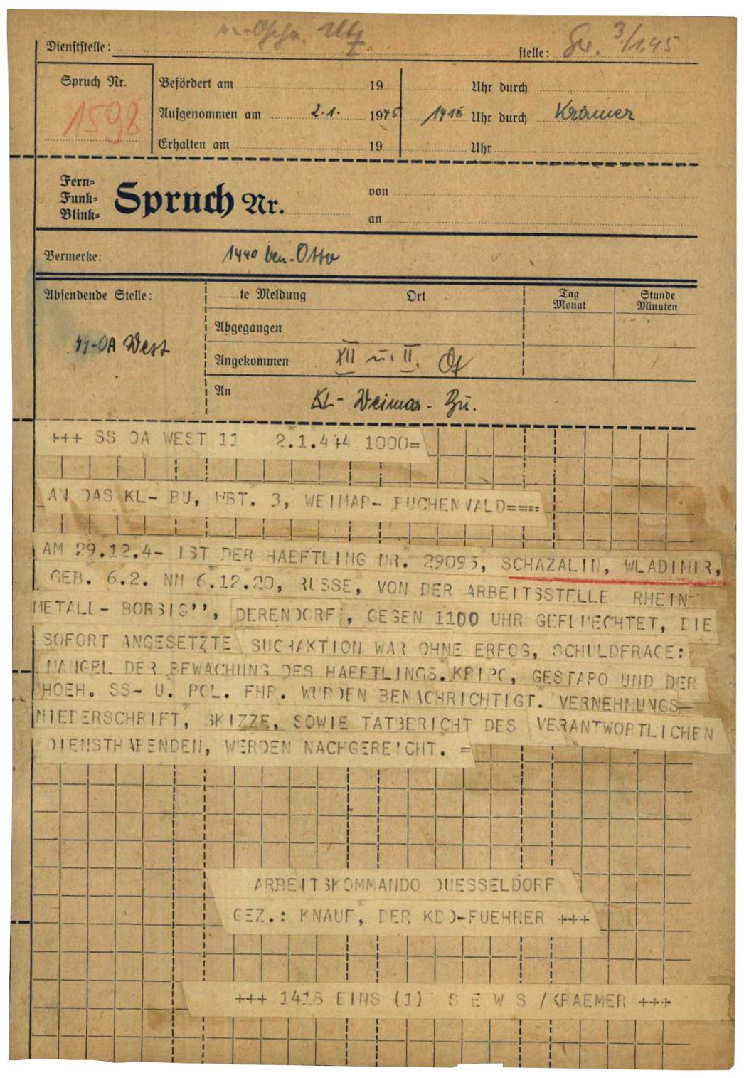 Fernschreiben des Kommandoführers Knauf an die Lagerkommandantur in Buchenwald, 2. Januar 1945. Er meldete die Flucht des sowjetischen Häftlings Wladimir Schabalin (hier fälschlich Wazalin). Er flog aus dem Werk in Derendorf. Die Suche nach ihm blieb ergebnislos.