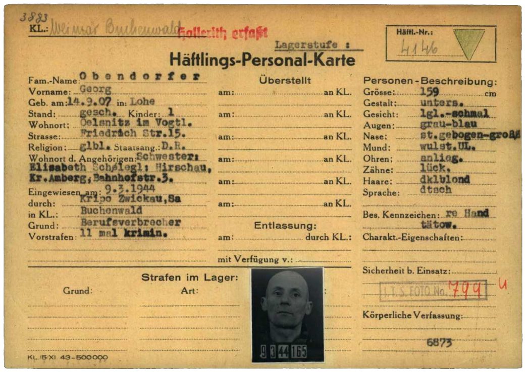 Häftlingspersonalkarte des KZ Buchenwald für Georg Obendorfer, 1944. Der gelernte Gärtner aus Oelsnitz in Sachsen wurde im März 1944 als „Berufsverbrecher“ nach Buchenwald eingewiesen und kam im September 1944 nach Düsseldorf-Derendorf. Dort setzte die SS ihn als Vorarbeiter ein.