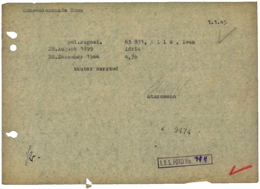 Meldung des Außenlagers Eisenach über den Tod des 45-jährigen Häftlings Ivan Alić aus dem slowenischen Ljubljana, 1. Januar 1945