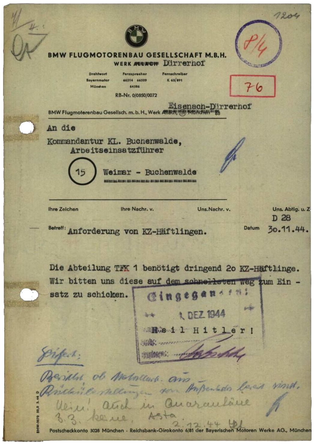 Schreiben des BMW-Werks in Eisenach-Dürrerhof an die Kommandantur des KZ Buchenwald, 30. November 1944